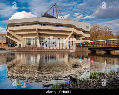 Central Hall and lake at York University, UK. Example of Brutalist Architecture from the 1960's Stock Photo