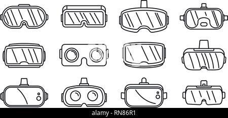 Video game goggles icons set. Outline set of video game goggles vector icons for web design isolated on white background Stock Vector