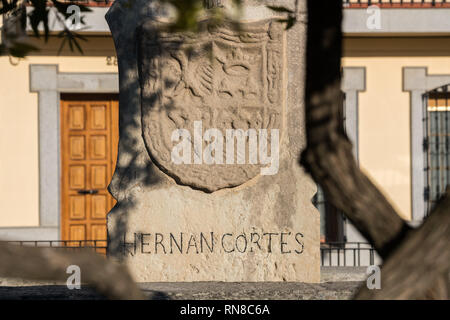 The coat of arms of Hernan Cortes in a monolith that indicates the place of his room in a square of Medellin Stock Photo