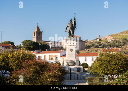 Statue of Spanish conquistador Hernan Cortes in the plaza of the same name in Medellin, Extremadura, Spain. Stock Photo