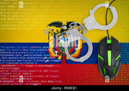 Ecuador flag  and handcuffed modern backlit computer mouse. Creative concept of combating computer crime, hackers and piracy Stock Photo