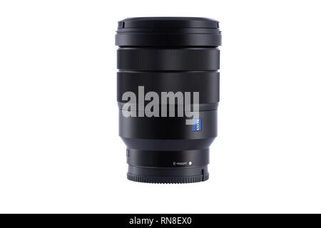 Varna, Bulgaria - February 07,2019: Image of  Sony FE 16-35mm f/4 OSS Vario-Tessar T* ZA lens on a white background. Stock Photo