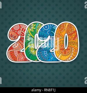 Happy New Year 2020 celebration number. Vector Xmas illustration in zentangle. Christmas background. Stock Vector