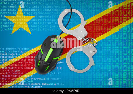Democratic Republic of the Congo flag  and handcuffed modern backlit computer mouse. Creative concept of combating computer crime, hackers and piracy Stock Photo