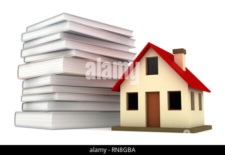 Conceptual 3d rendering of house miniature close to engeneering manuals Stock Photo