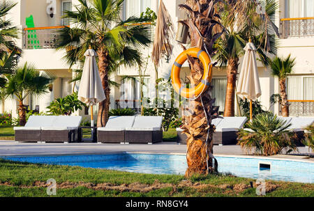 Lifebuoy, life ring with rope hanging on palm tree Stock Photo