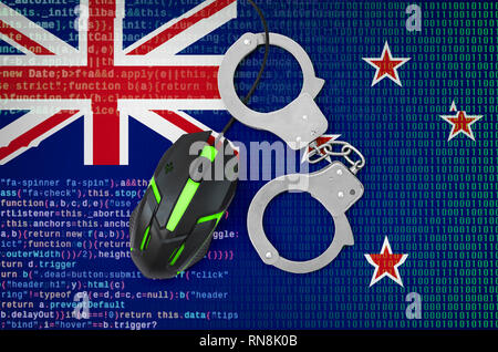 New Zealand flag  and handcuffed modern backlit computer mouse. Creative concept of combating computer crime, hackers and piracy Stock Photo