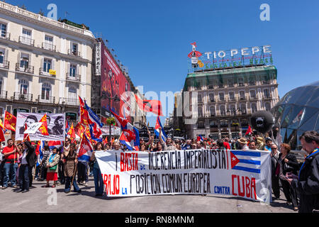 Pro Communist Party and Cuban demonstration in Puerta del Sol, Madrid, Spain Stock Photo