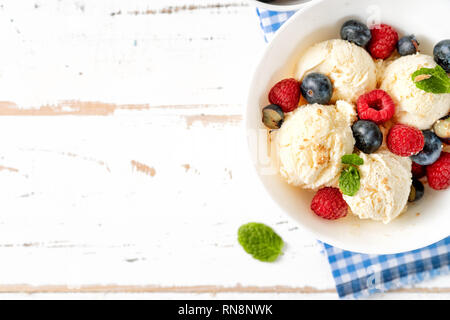 Top view of vanilla Ice Cream with Mint in bowl Stock Photo