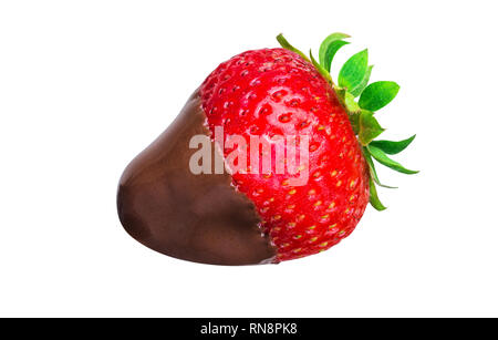 Fondue strawberry in hot black chocolate  isolated on white background Stock Photo