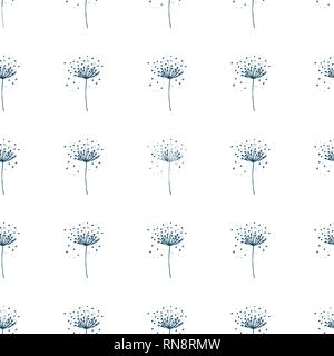 Vector Hand drawn blue dandelion on white background repeat seamless pattern. Stock Vector