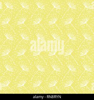 Vector Hand drawn white dandelion on yellow background repeat seamless pattern. Stock Vector
