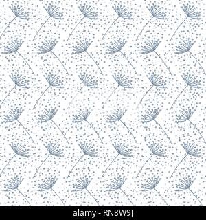 Vector Hand drawn blue dandelion on white background repeat seamless pattern. Stock Vector