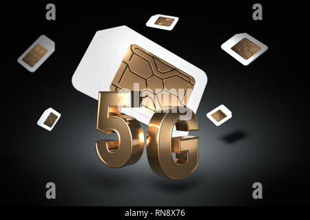 Golden 5G sign with sim cards hovering behind it on black background. High speed mobile web technology. 3D rendering Stock Photo