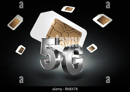 Silver 5G sign with sim cards hovering behind it on black background. High speed mobile web technology. 3D rendering Stock Photo