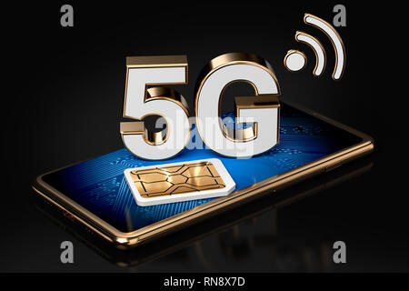 5G sign on smart phone screen with sim card next to it. Isolated on black background. High speed mobile web technology. 3D rendering Stock Photo