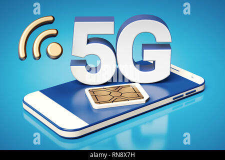 5G white letters standing on a simplified smartphone with sim card next to it. Blue background with copyspace. 3D rendering Stock Photo