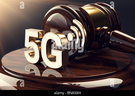 Judge gavel and 5G symbol. High speed network and legal issues concept. 3D rendering Stock Photo