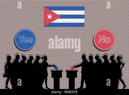 Cuban voters crowd silhouette in Cuba election with yes and no signs graffiti. All the silhouette objects, icons and background are in different layer Stock Vector