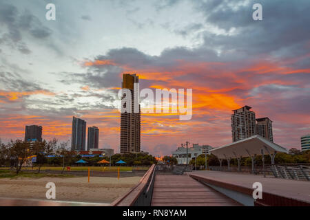 Glowing sunset over Gold Coast luxury real estate high rise buildings Stock Photo