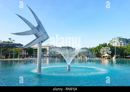 Fish sculpture and waterspout at the Lagoon, Cairns Esplanade, Far North Queensland, FNQ, QLD, Australia Stock Photo