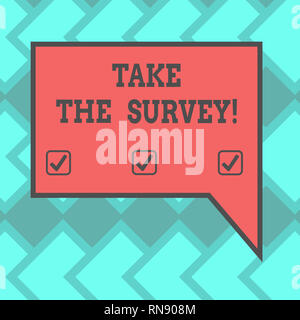 Text sign showing Take The Survey. Conceptual photo Fill in the questionnaire to give feedback from service Blank Rectangular Color Speech Bubble with Stock Photo