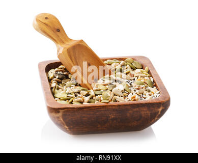 Seeds of sesame, sunflower, pumpkin, flax and poppy in a cup isolated on a white background Stock Photo