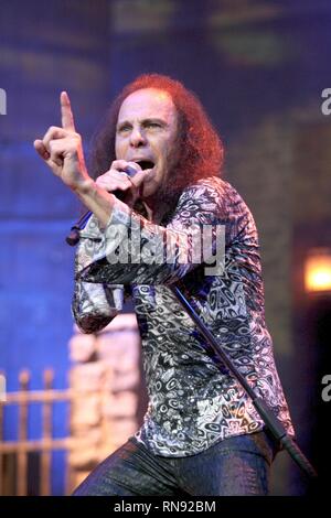 Singer Ronnie James Dio of Heaven and Hell is shown performing on stage during a 'live' concert appearance. Stock Photo