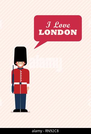 British Army soldier with word I love London. Flat style vector illustration. Greeting card Stock Vector