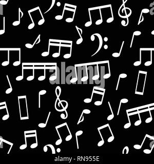 Musical Notes, White on Black, Seamless Pattern Background Vector Illustration Stock Vector