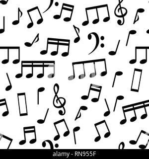 Musical Notes, White on Black, Seamless Pattern Background Vector Illustration Stock Vector