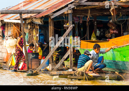 LAKE TONLE SAP, COMBODIA - Floating houses in floating Village at Tonle Sap Lake the largest freshwater lake in Southeast Asia in Unesco Stock Photo