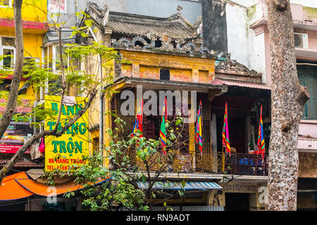 Hanoi, Old Quarter, Vietnam, February 13 2018: View of typical old ancient building in Hanoi Old Quarter, Vietnam Stock Photo