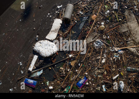 Plastic rubbish in harbour. Embden. Germany Stock Photo