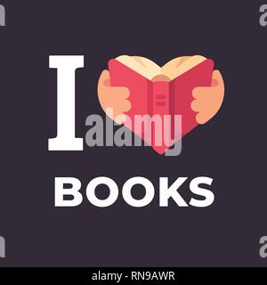 I love books flat illustration. Hands holding a book in the shape of a heart. Stock Vector