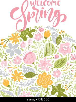 Flower Vector greeting card with text Welcome Spring. Isolated flat illustration on white background. Spring scandinavian hand drawn nature wedding Stock Vector
