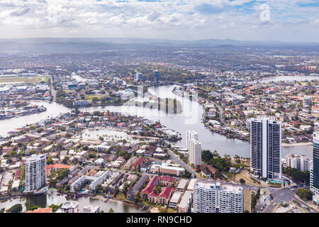 Birds eye view of Gold Coast suburbs and Nerang River in Queensland, Australia Stock Photo