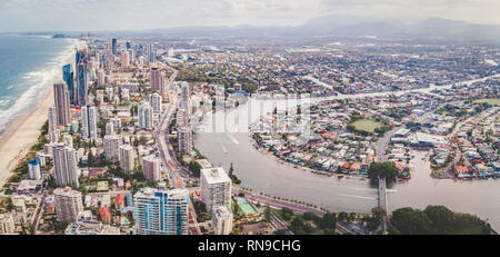 Aerial panorama of Gold Coast city and Nerang river in Queensland, Australia Stock Photo