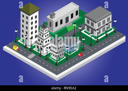smart city isometric of modern building concept on the center in cityscape, intellinggent design and development of graphic vector illustration backgr Stock Vector
