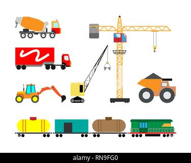 Set of heavy construction machines icons. Vector illustration of heavy equipment and machinery. Stock Vector
