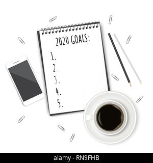 Notebook with wish list on white rustic table, flat lay style. Planning concept. Stock Vector