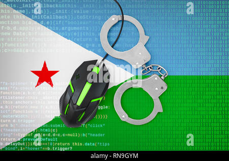 Djibouti flag  and handcuffed modern backlit computer mouse. Creative concept of combating computer crime, hackers and piracy Stock Photo