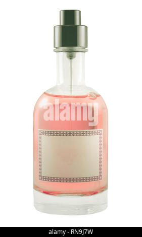 Isolated Pink Perfume Bottle With Blank Label For Your Text Stock Photo