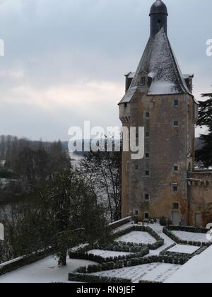 Snowy winter scenes of Chateau de Touffou, Bonnes, France Stock Photo