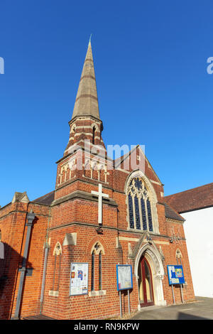 United Church of Egham, United Reformed and Methodist church, with spire, High Street, Egham, a town in Runnymede, Surrey, south-east England, UK Stock Photo