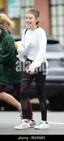 Genevieve 'G' Hannelius gets a hot drink and chats with friends after a workout  Featuring: G Hannelius Where: Los Angeles, California, United States When: 18 Jan 2019 Credit: WENN.com Stock Photo