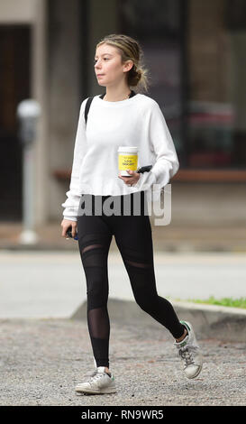 Genevieve 'G' Hannelius gets a hot drink and chats with friends after a workout  Featuring: G Hannelius Where: Los Angeles, California, United States When: 18 Jan 2019 Credit: WENN.com Stock Photo