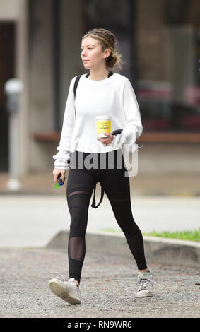 Genevieve 'G' Hannelius gets a hot drink and chats with friends after a workout  Featuring: G Hannelius Where: Los Angeles, California, United States When: 18 Jan 2019 Credit: WENN.com Stock Photo