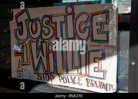 Vallejo, California, USA. 17th Feb. 2019. A sign hung in the window of a Taco Bell where police fatally shot 20-year-old rapper Willie McCoy on Feb. 9. McCoy was allegedly found unconscious in his car in the Taco Bell's drive through lane. Police said he woke up, reached for the gun, and six officers opened fire. Credit: Scott Morris/Alamy Live News Stock Photo