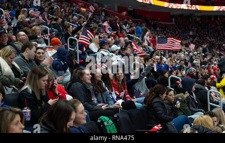 Detroit, Michigan, USA. 17th Feb, 2019. Fans during the 2019 Rivalry Series at Little Caesars Arena. Team Canada won 2-0. Credit: Scott Hasse/ZUMA Wire/Alamy Live News Stock Photo